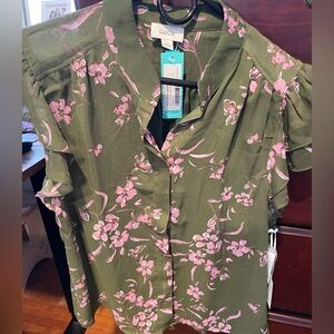 CeCe Olive Blouse with Pink Floral Design